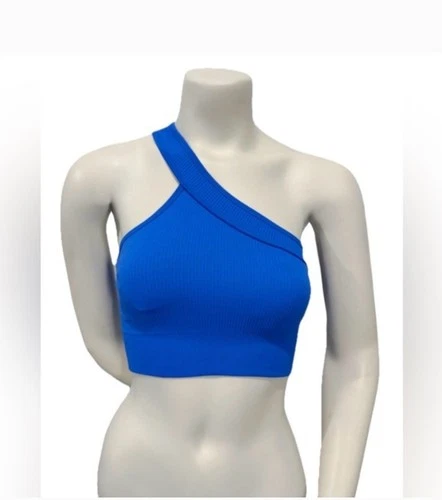 OQQ Women's One-Shoulder Sports Bra Blue Ribbed Seamless Crop To