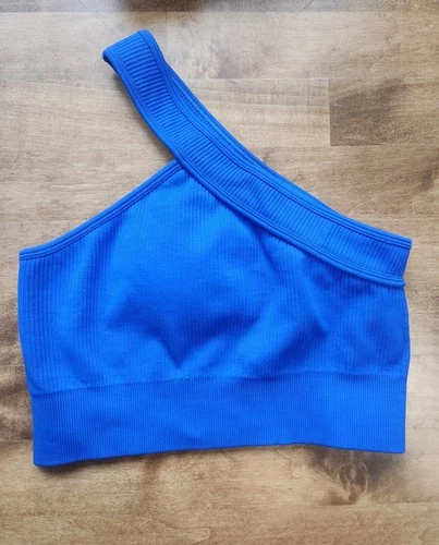 OQQ Women's One-Shoulder Sports Bra Blue Ribbed Seamless Crop To - photo 2