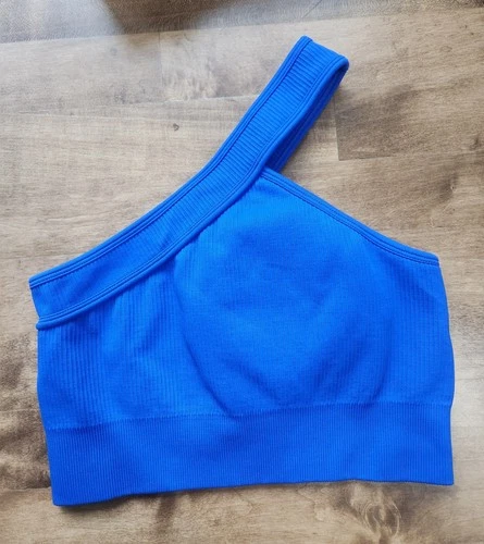 OQQ Women's One-Shoulder Sports Bra Blue Ribbed Seamless Crop To - photo 3