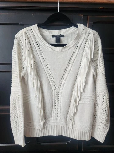 Scoop Women's White Fringe Sweater Size Medium Long Sleeve