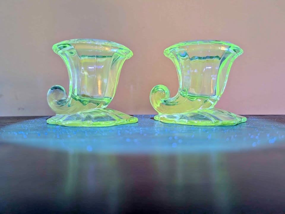 Manganese Glass Heisey Warwick Cornucopia Candlestick Holders