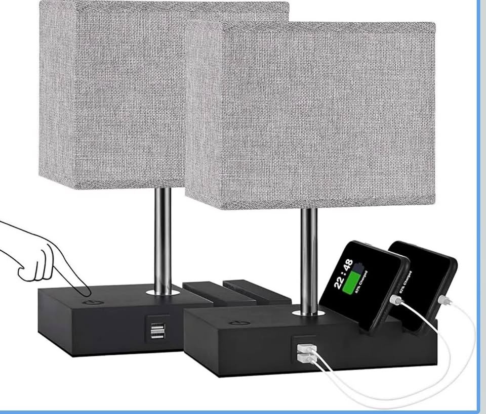2 Pack USB Touch Table Lamps - Dimmable, Dual USB Ports