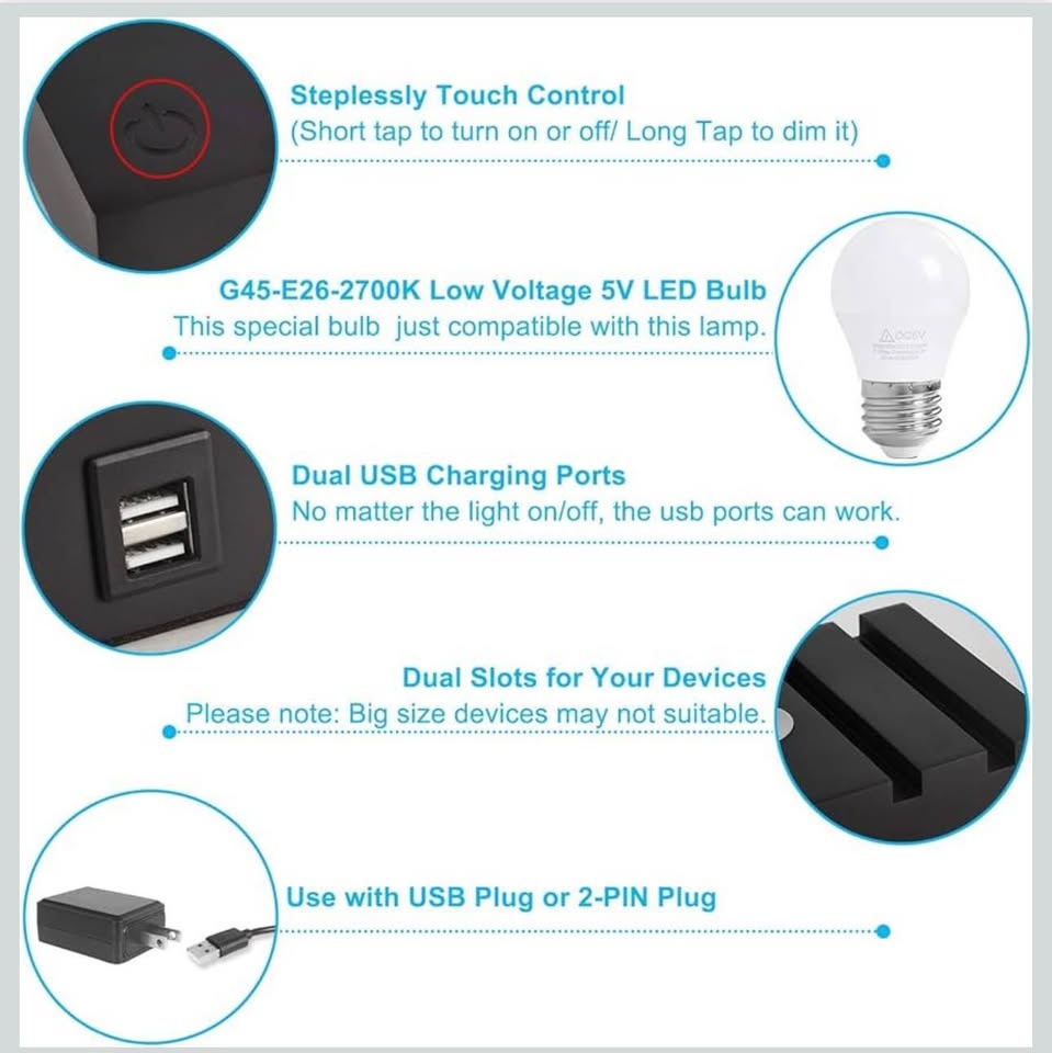 2 Pack USB Touch Table Lamps - Dimmable, Dual USB Ports - photo 5