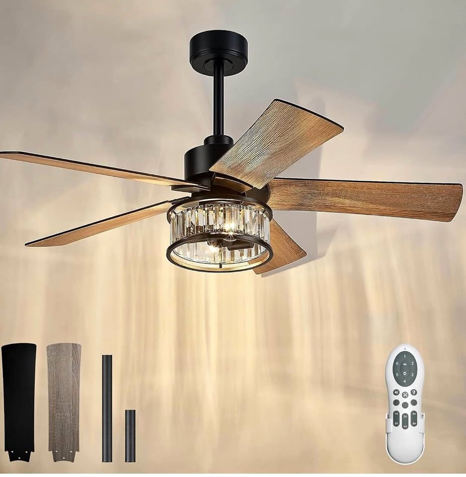 YOUKAIN Black Ceiling Fan, 48 Inch Modern Crystal