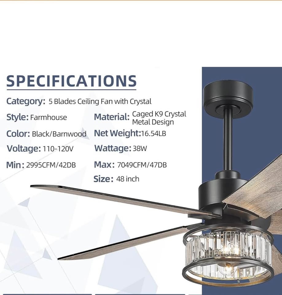 YOUKAIN Black Ceiling Fan, 48 Inch Modern Crystal - photo 5