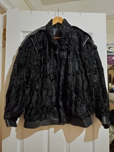 Black Vintage Lamb Fur Bomber Style Leather Jacket L