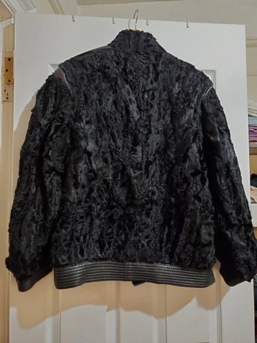 Black Vintage Lamb Fur Bomber Style Leather Jacket L - photo 2