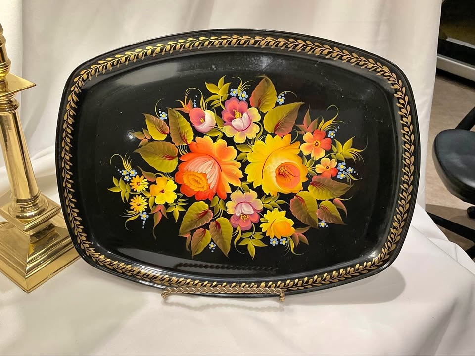 Vintage USSR Zhostovo Toleware Metal Tray Hand Painted