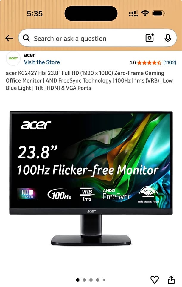 Acer 23.8" Full HD Gaming Office Monitor | AMD FreeSync