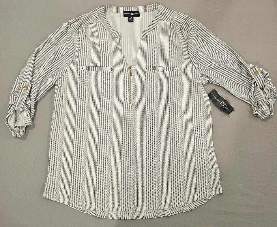 INC International Concepts Striped Zipper Roll-Tab Sleeve Blouse