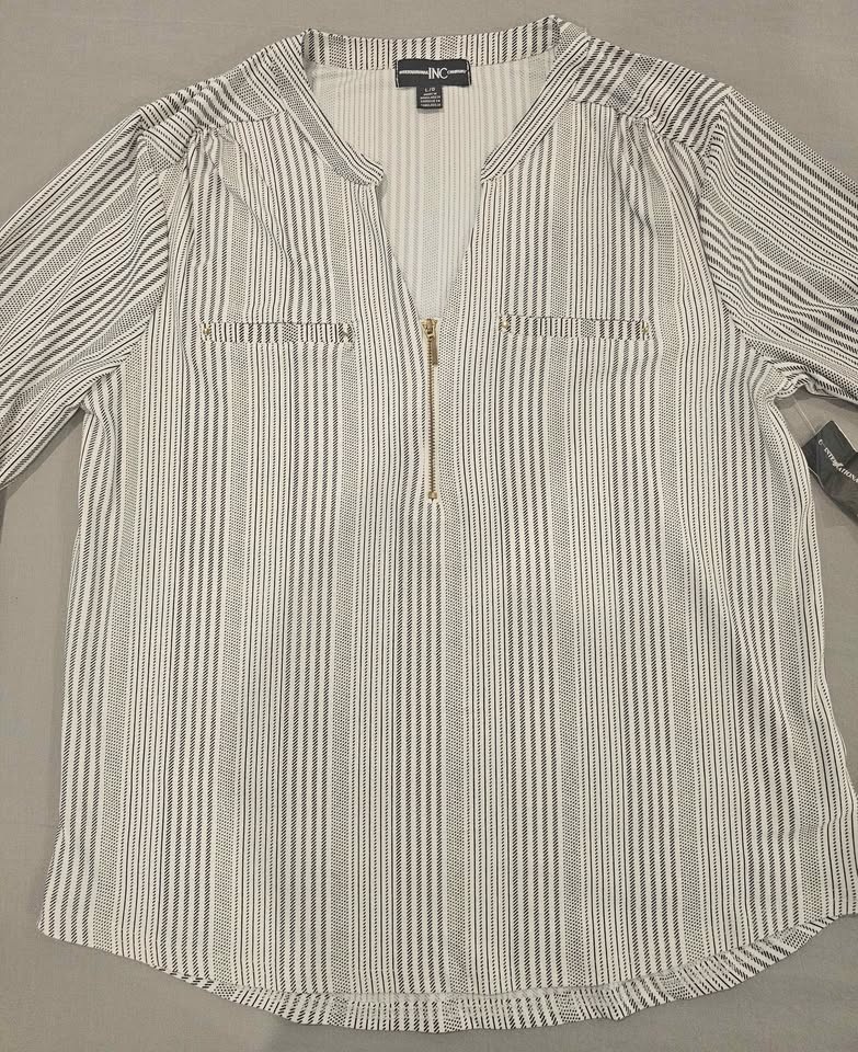 INC International Concepts Striped Zipper Roll-Tab Sleeve Blouse - photo 2