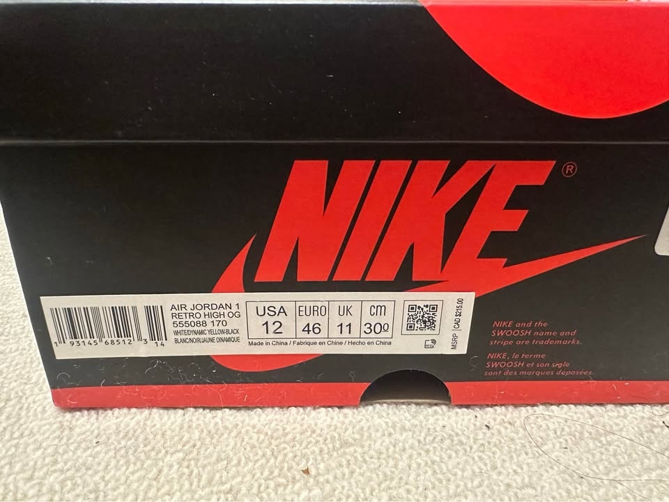 Nike Air Jordan 1 Retro High OG White Yellow Mens Size 12 - photo 2