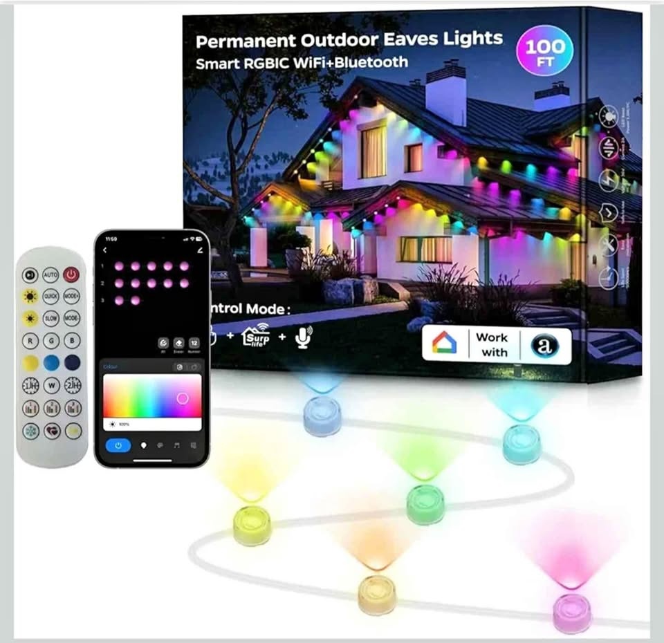 Permanent Outdoor Lights, 100ft, 72 LED Eaves Lights, Smart RGB
