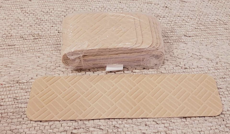 New Beige Adhesive Stair Treads - Herringbone Pattern