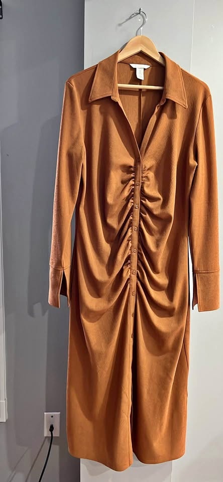 H&M Rust Ruched Long Sleeve Midi Dress XL