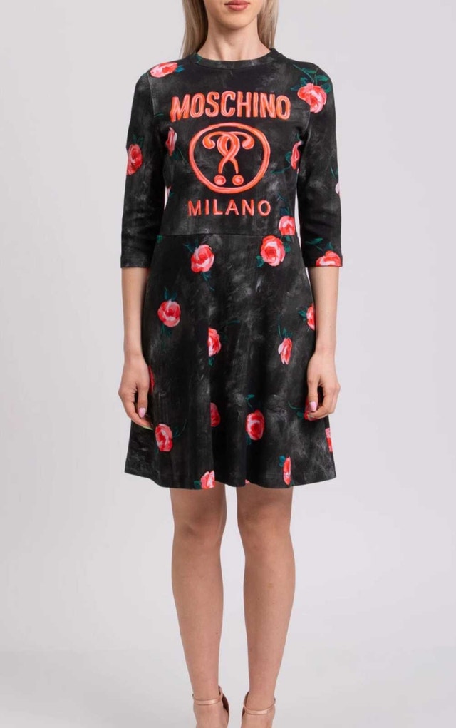 Moschino Milano Dress - Black Rose Print - Size XL