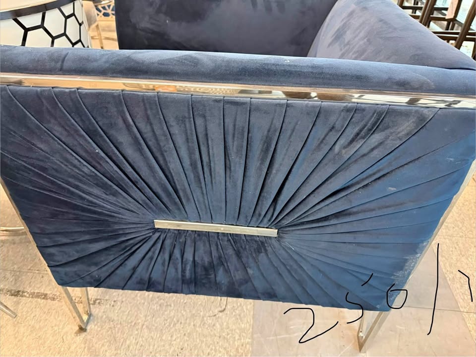 Designer Navy Velvet Accent Chair – Chrome Frame & Sunburst Back