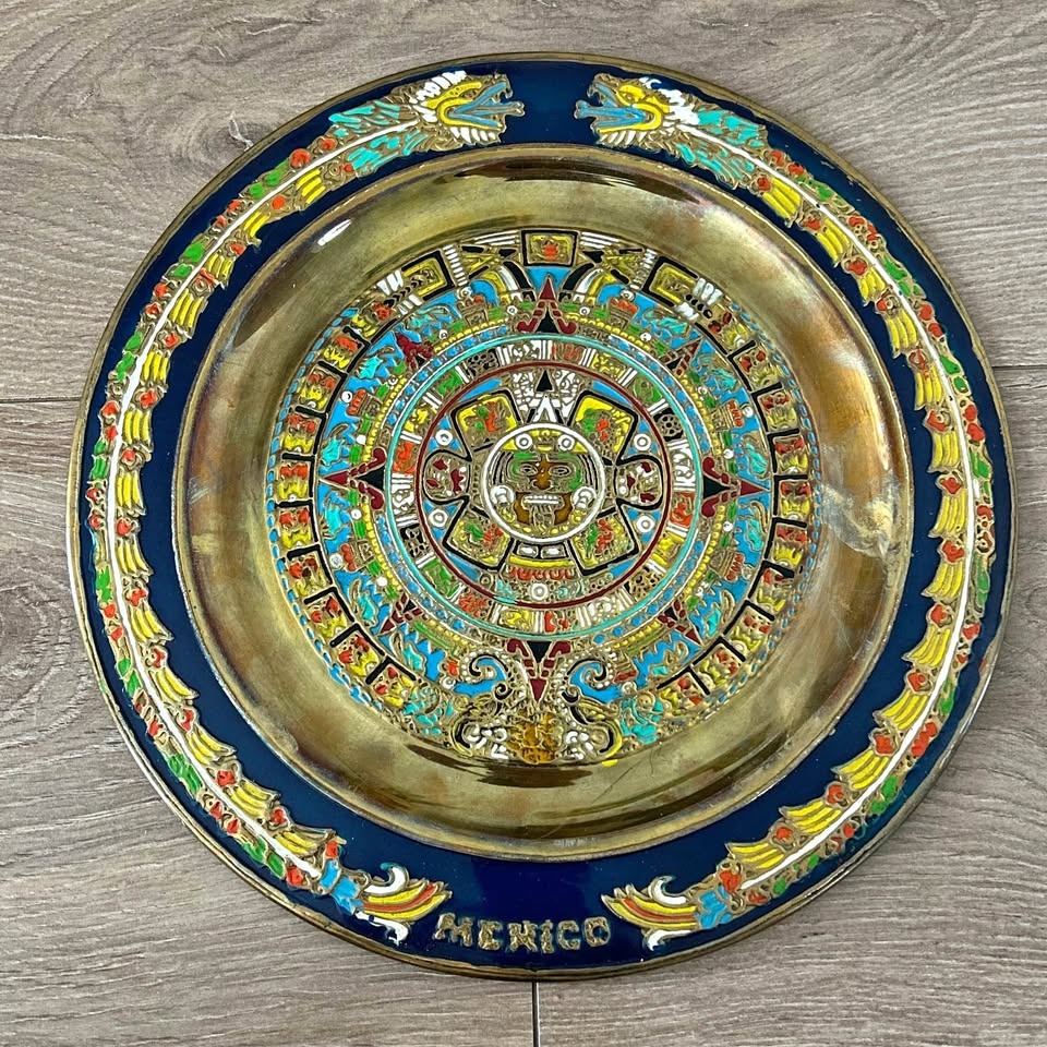 Vintage Mexican Brass Aztec Calendar Wall Plate - Hand-Painted E
