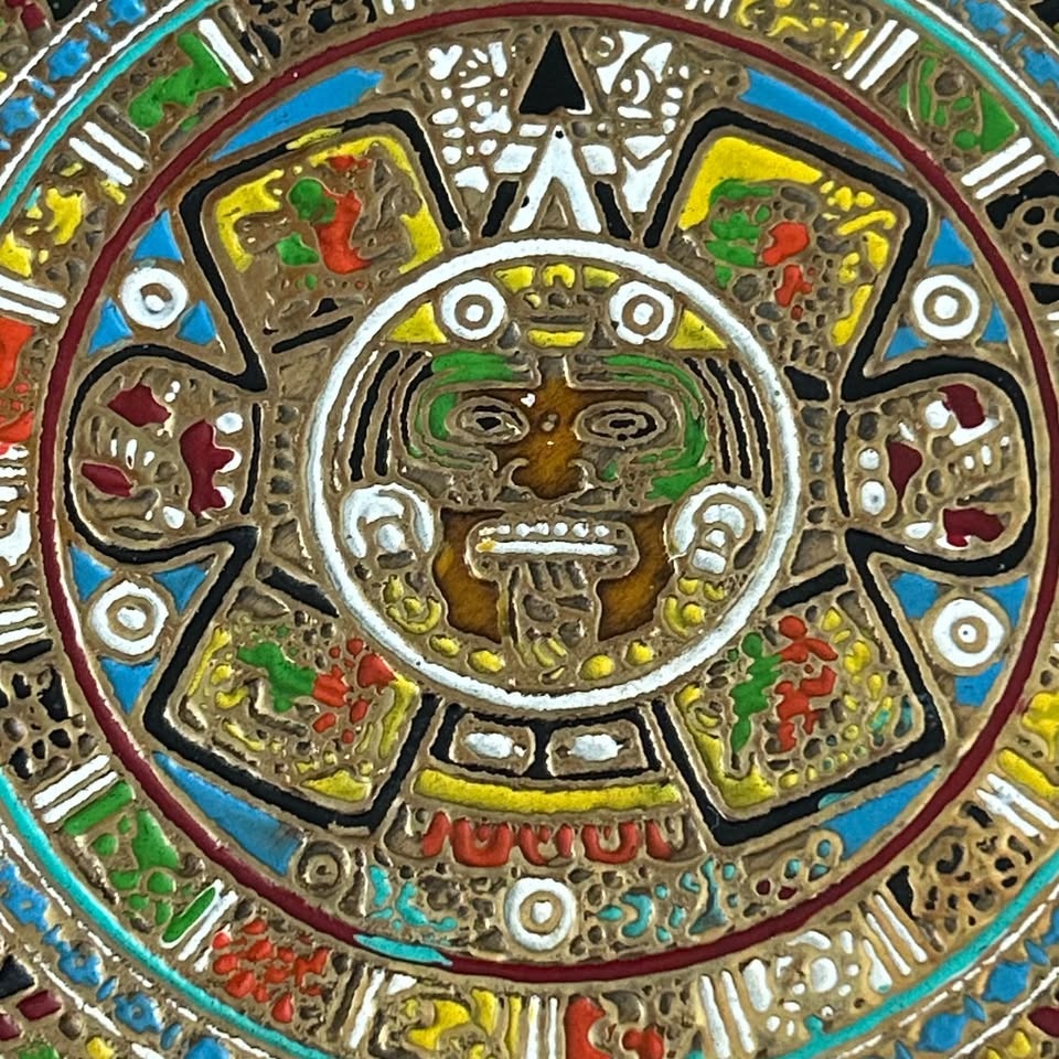 Vintage Mexican Brass Aztec Calendar Wall Plate - Hand-Painted E - photo 3