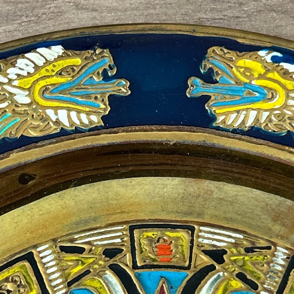Vintage Mexican Brass Aztec Calendar Wall Plate - Hand-Painted E - photo 4