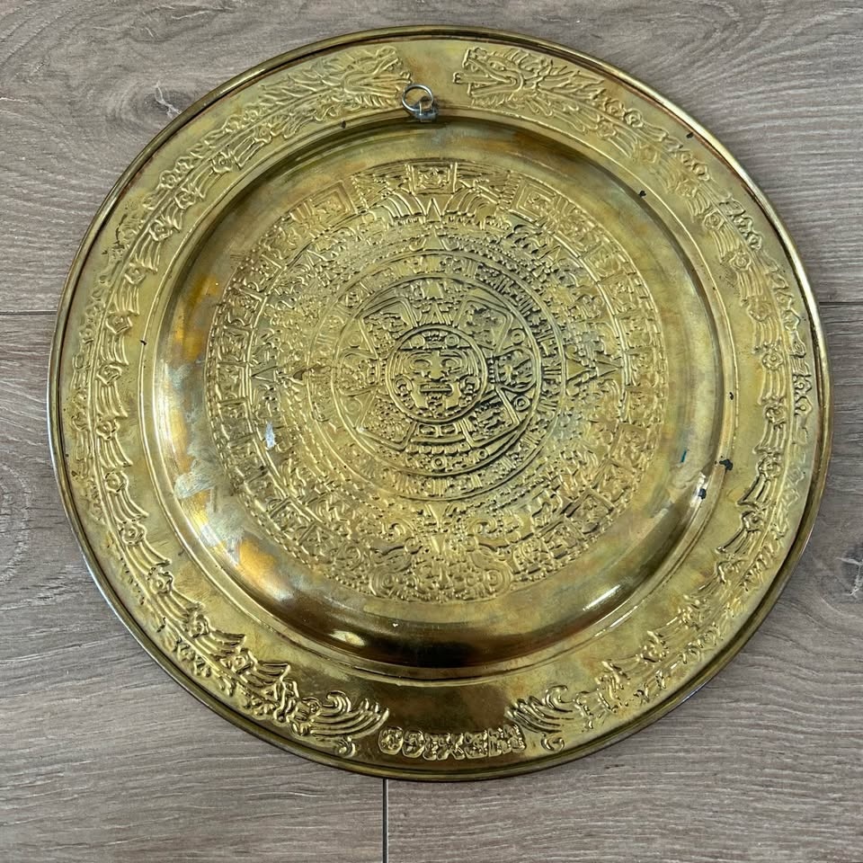 Vintage Mexican Brass Aztec Calendar Wall Plate - Hand-Painted E - photo 5