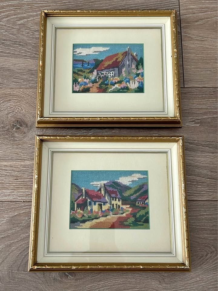Set of 2 Vintage Needlepoint Cottage Scenes – Ornate Gold Frames