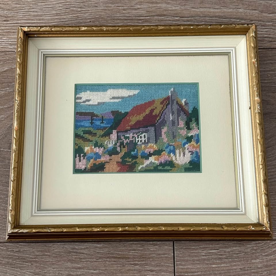 Set of 2 Vintage Needlepoint Cottage Scenes – Ornate Gold Frames - photo 2