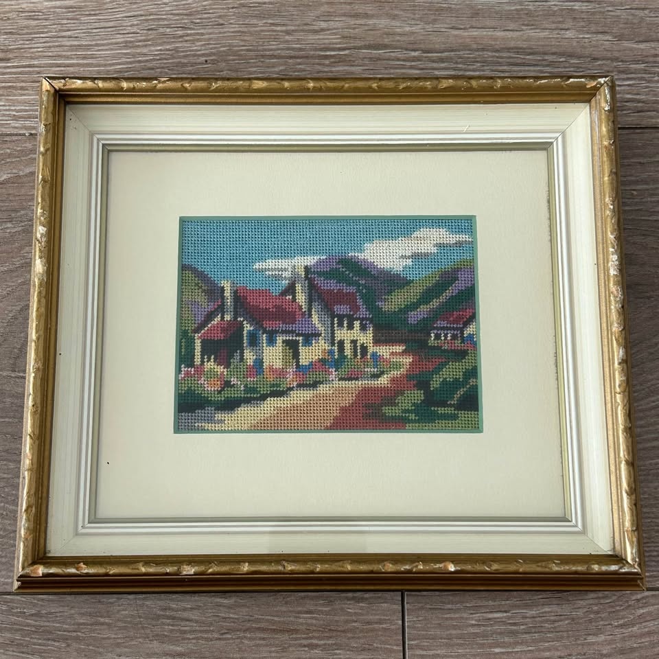 Set of 2 Vintage Needlepoint Cottage Scenes – Ornate Gold Frames - photo 5