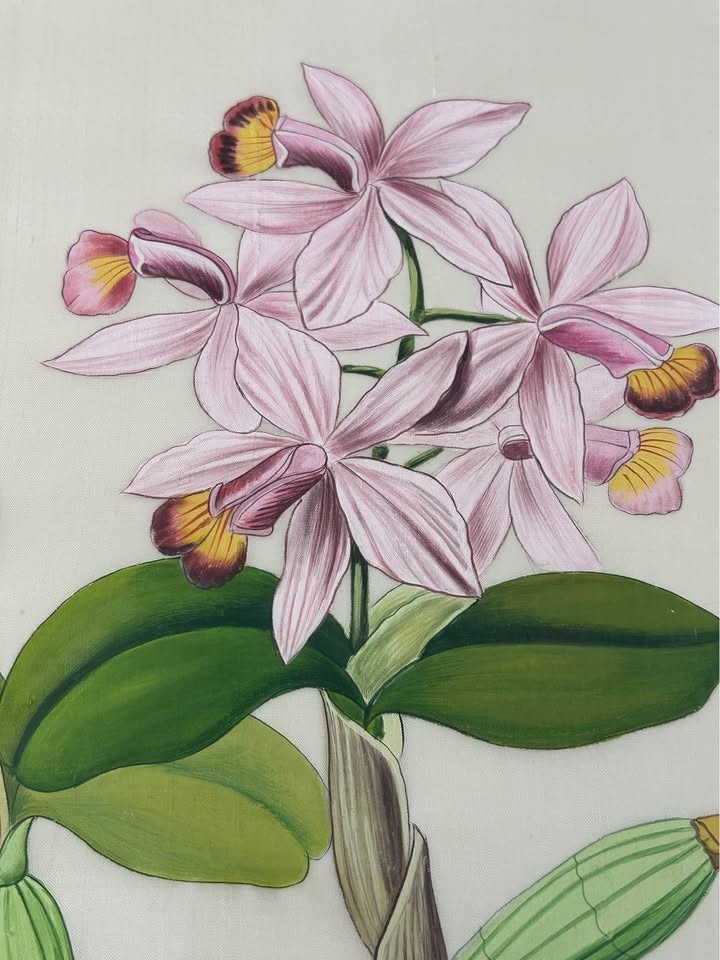 Original Hand-Painted Orchid Botanical on Fabric – Custom Framed - photo 2