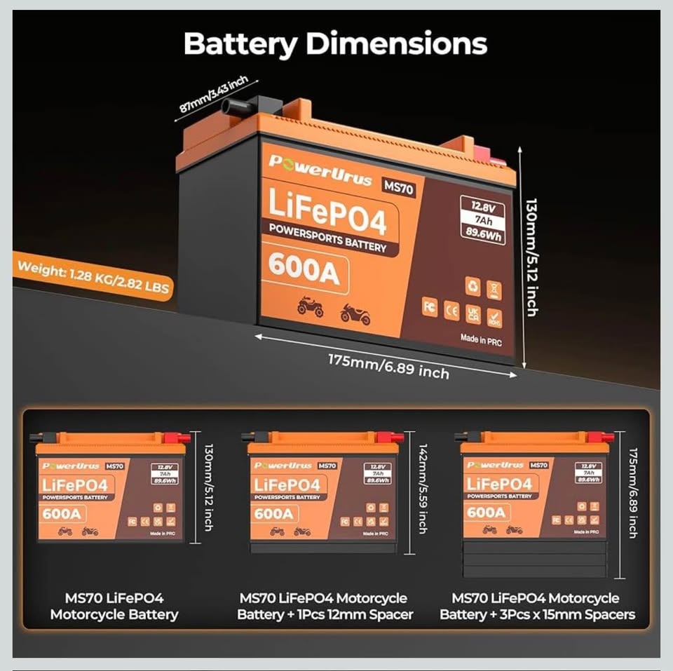 PowerUrus 600A Lithium Motorcycle Battery 12V 7Ah - photo 3
