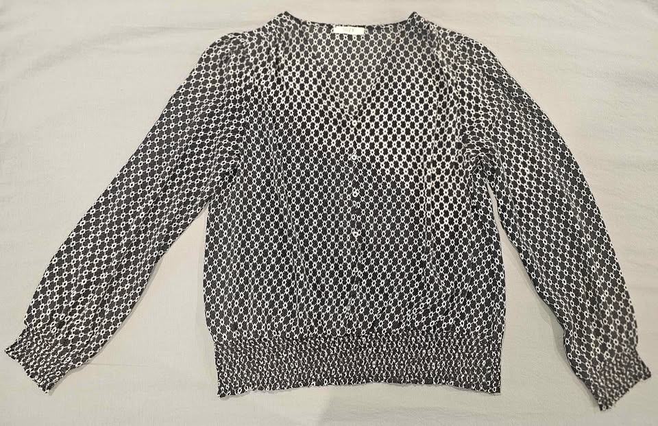 SUZY Black White Patterned Long Sleeve Blouse, Size Large