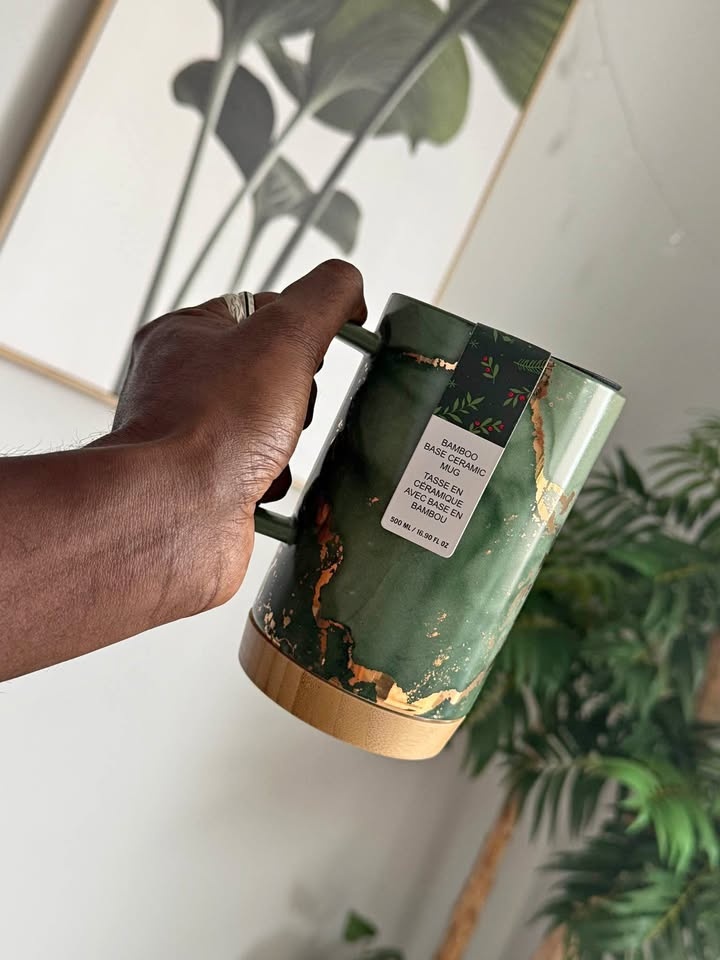 Bamboo Base Ceramic Mug - Gold & Emerald Green