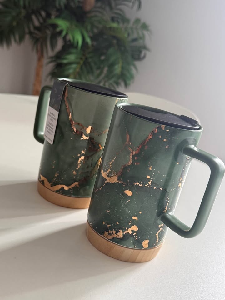 Bamboo Base Ceramic Mug - Gold & Emerald Green - photo 2