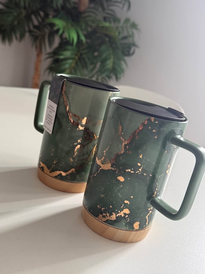 Bamboo Base Ceramic Mug - Gold & Emerald Green - photo 4