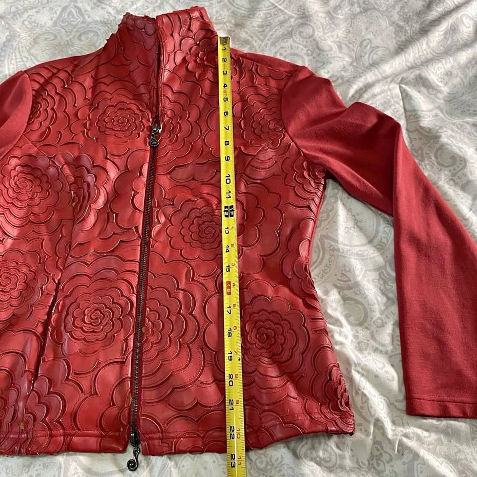 Samuel Dong Red Jacket Womens Size XS Full Zip Floral Textured