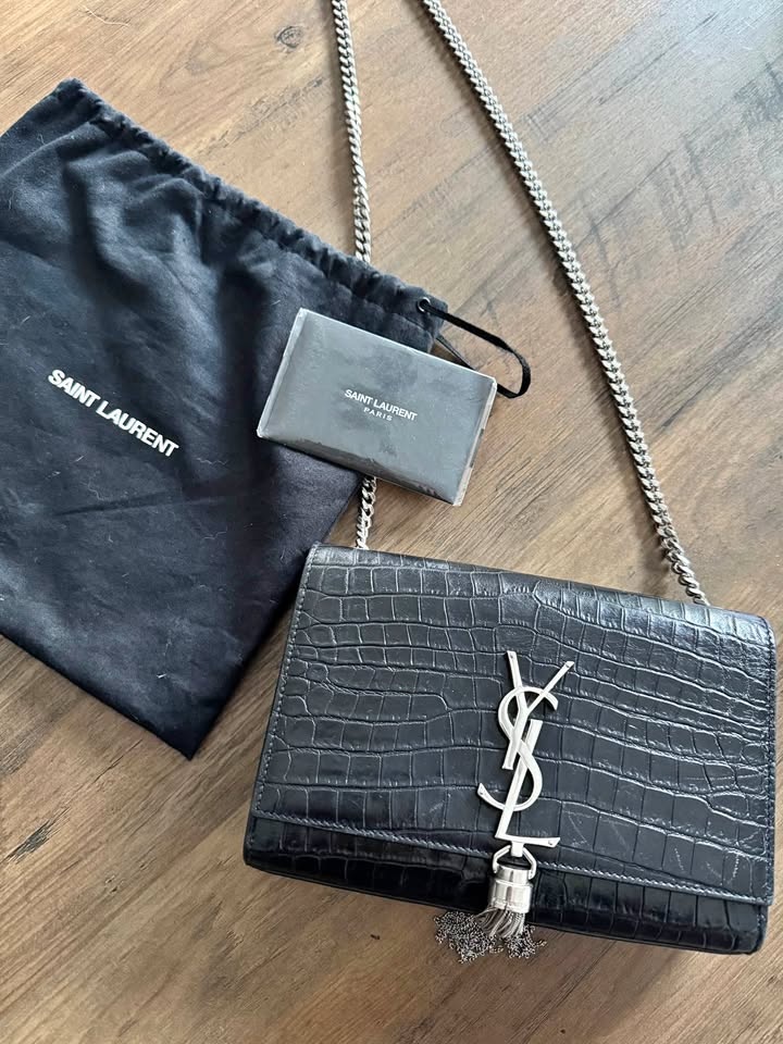 AUTHENTIC Saint Laurent Black Croc Medium Kate Tassel Bag