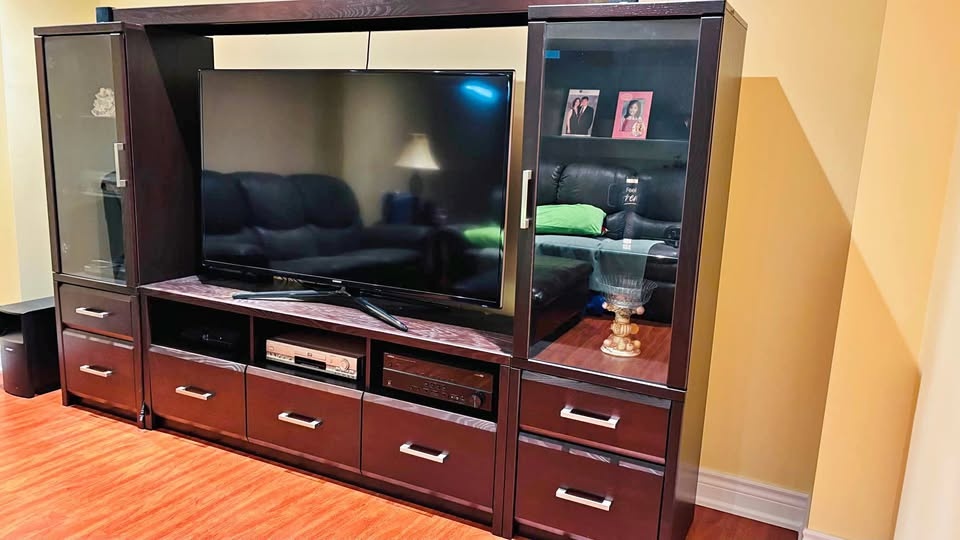Dark Brown Entertainment Center w/ Glass Doors & Drawers