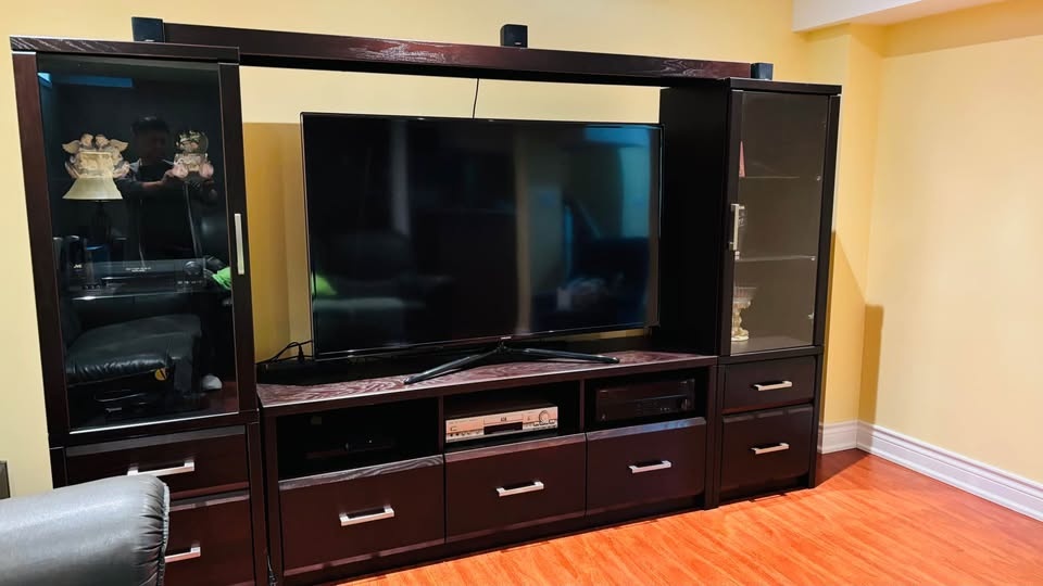 Dark Brown Entertainment Center w/ Glass Doors & Drawers - photo 2