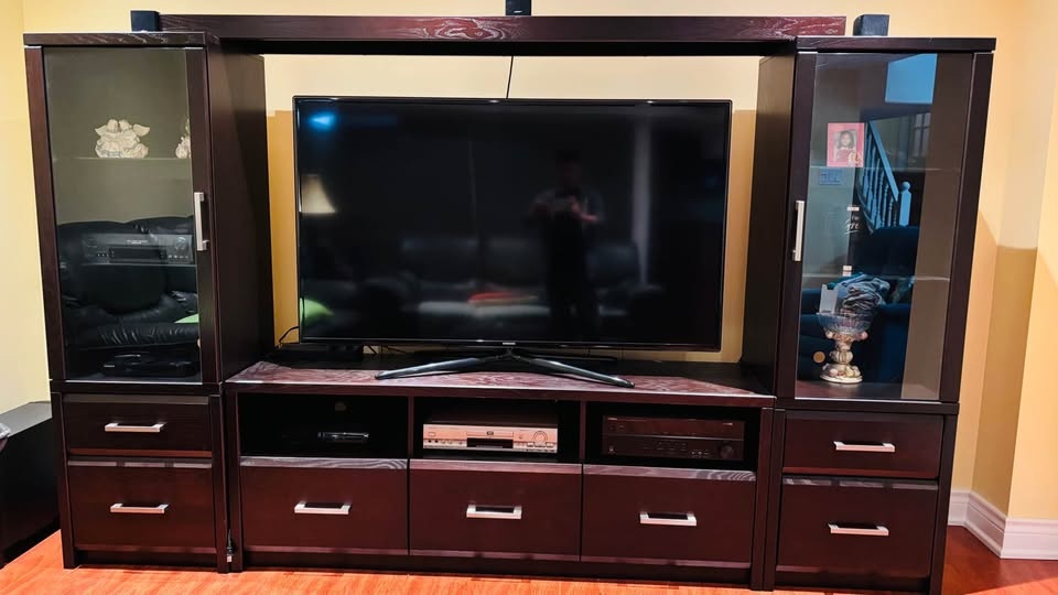 Dark Brown Entertainment Center w/ Glass Doors & Drawers - photo 3