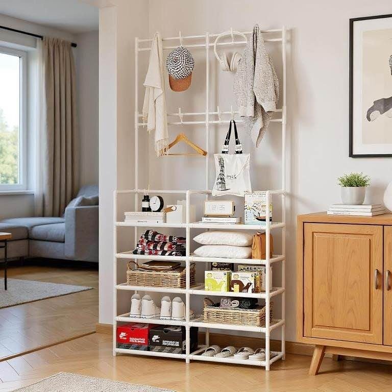 UDEAR 5-Tier Coat & Shoe Rack, 9 Hooks, White