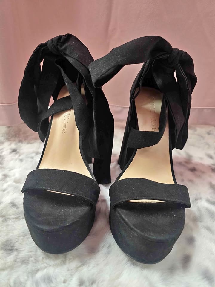 Black Velvet Lace-Up Heels - Strappy Ankle - Size 6.5