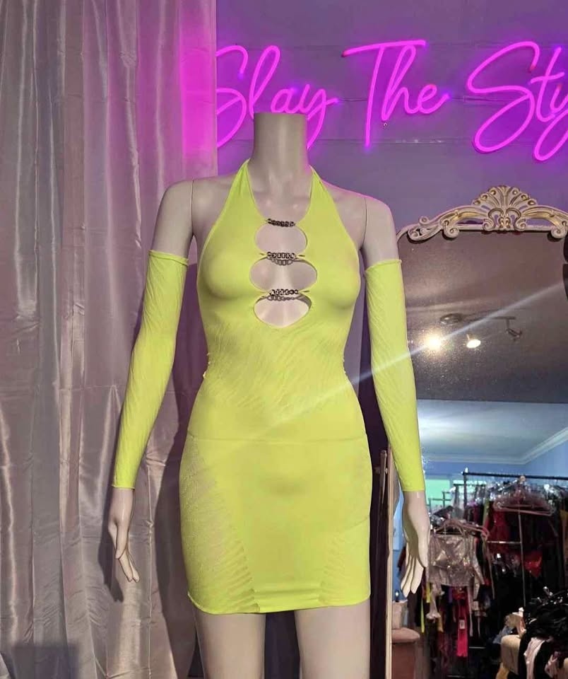 Neon green fishnet rave mesh dress with sleeves