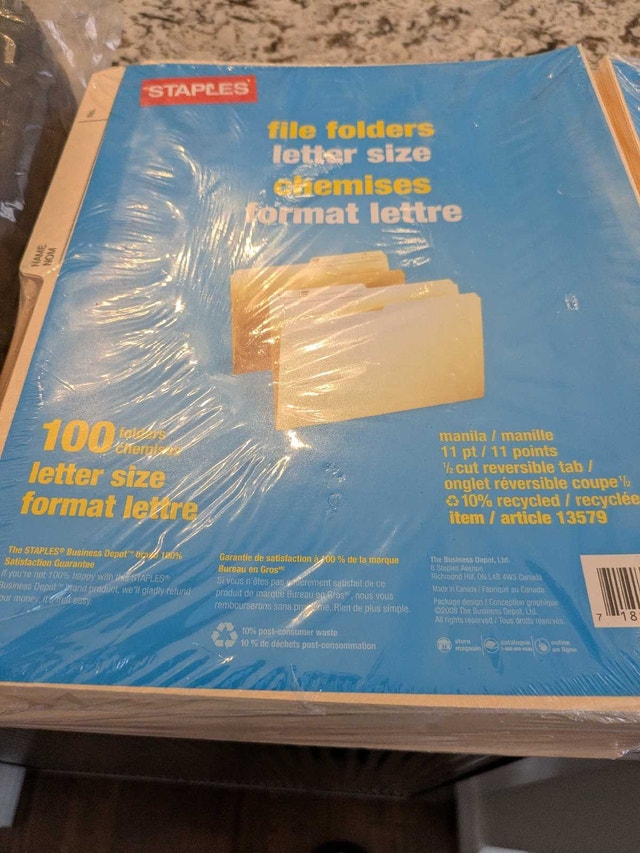 3 New Packs of Staples Letter Size File Folders