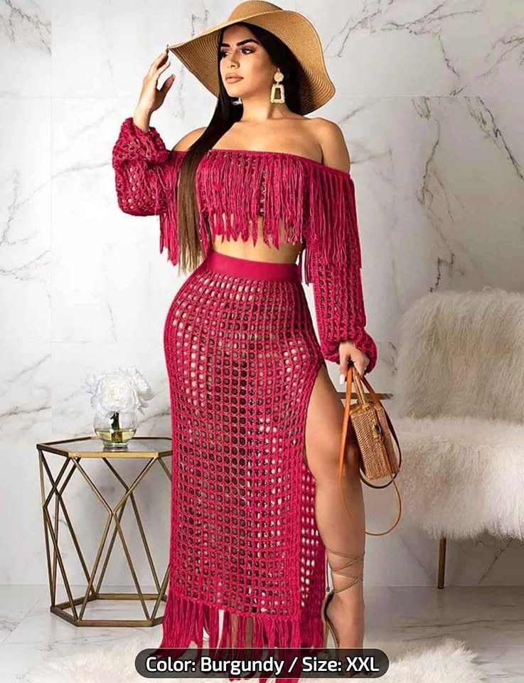 NEW Burgundy Crochet Fringe 2-Piece Skirt Set (XXL 14)