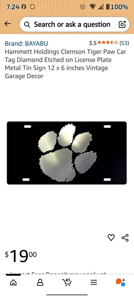 Clemson Tiger Paw Car Tag - Diamond Etched Metal Plate