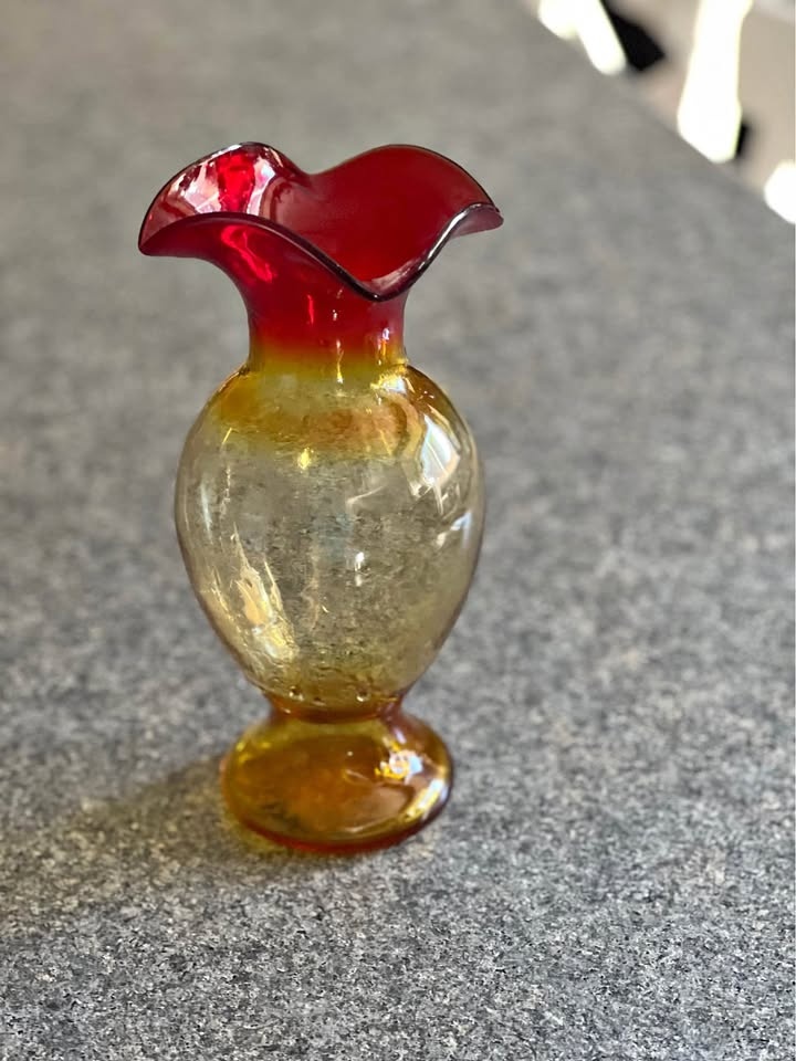 Vintage Amberina Art Glass Vase Mid Century Large Red Yellow