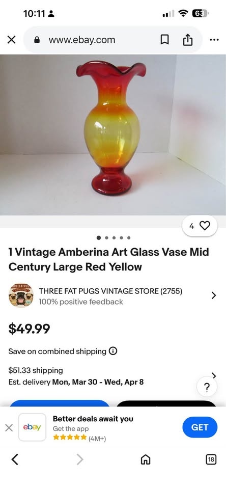 Vintage Amberina Art Glass Vase Mid Century Large Red Yellow - photo 2