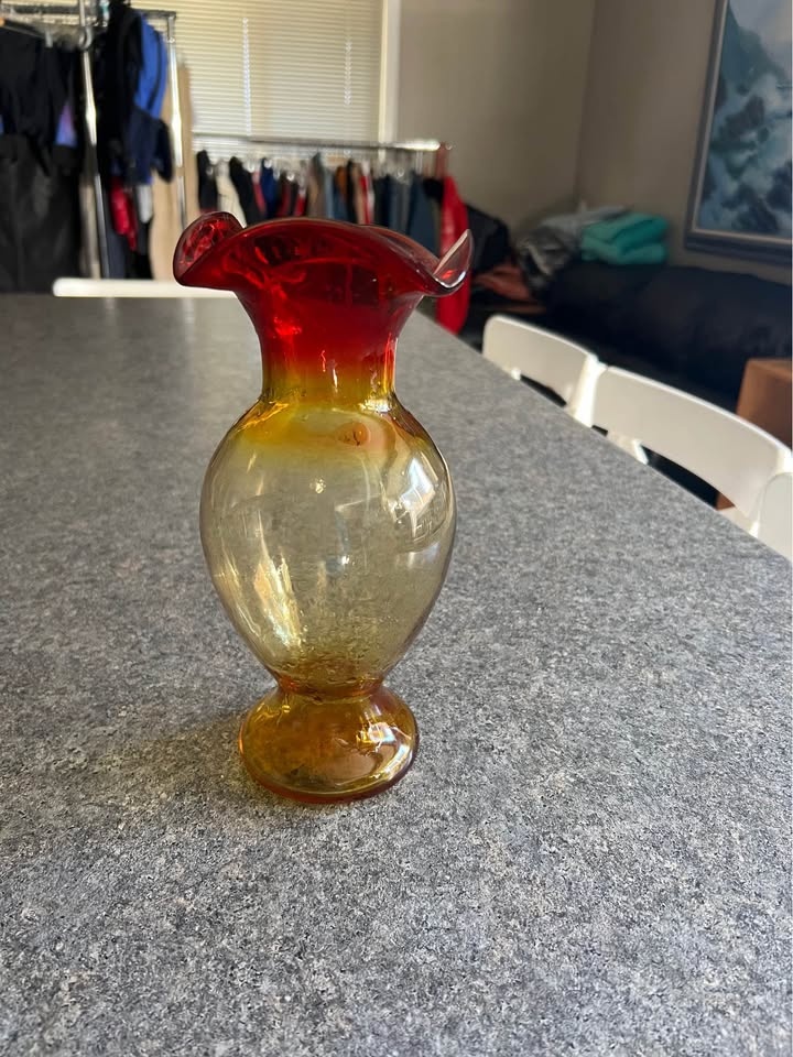 Vintage Amberina Art Glass Vase Mid Century Large Red Yellow - photo 4