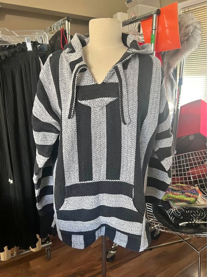Retrofit Baja Hoodie Black and White Striped Pullover Hand Made