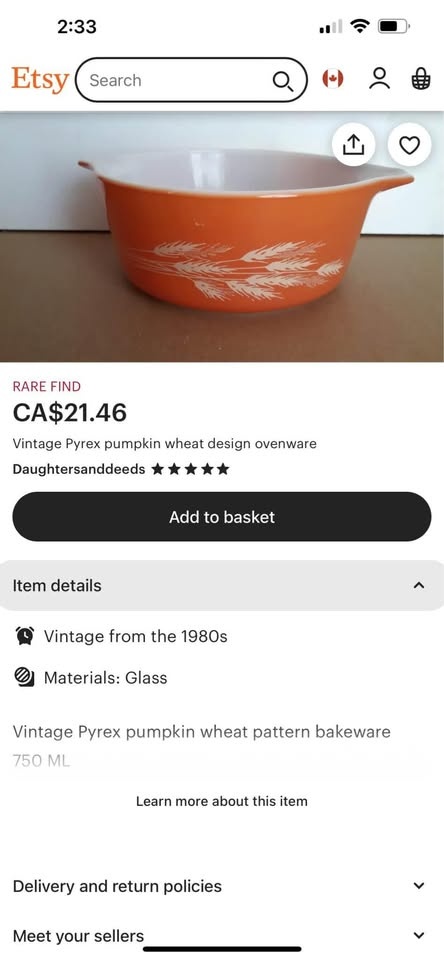 Vintage Pyrex Pumpkin Wheat Ovenware 750ml - photo 2